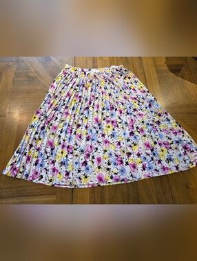 Dana Buchman Floral Print Midi Skirt Sz Large Pleated Elastic Waist Swing